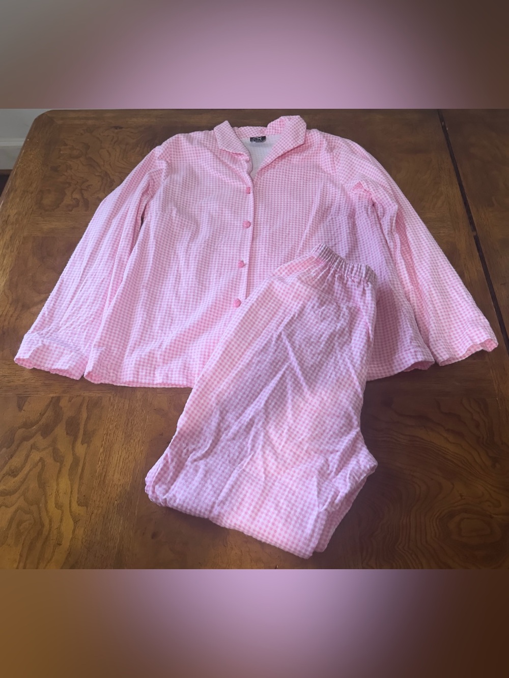 Connie Roberson Gingham Pajama Pj set button Pink Size XS 100% Cotton Pockets